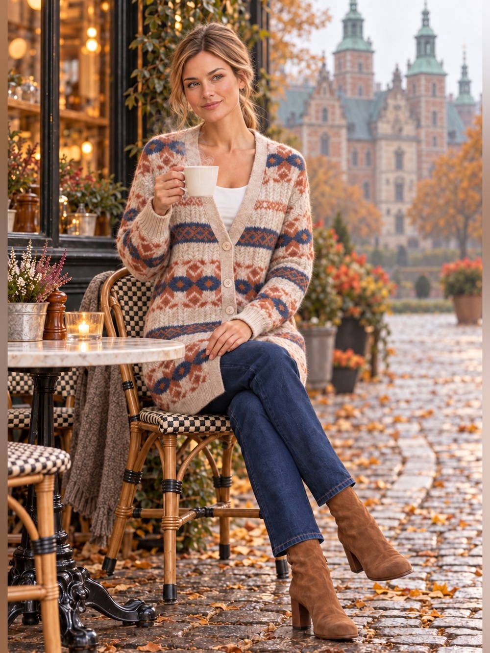FatFace Fair Isle Alpaca Blend Longline Cardigan | Oatmeal Blue Rust | Size 6